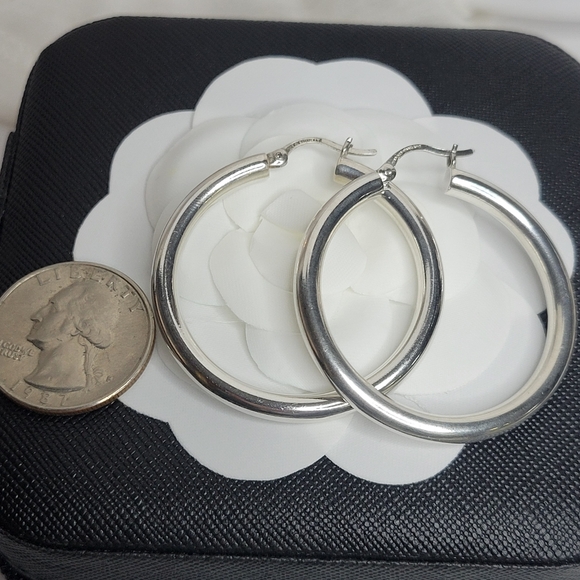 ITALY Fine Silver .925 Signed,Vintage, 2.5" Hoop Earings - Picture 4 of 5